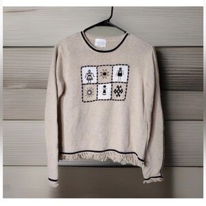 Christopher & Banks BoHo Tan Sweater Fringe Hand Embroidered Primitive Art SmMed